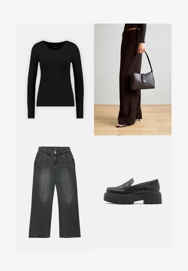 Black long-sleeve shirt made of ribbed fabric. Features a round neckline and fitted silhouette. Simple design without patterns or accents.; Wide-leg jeans in dark gray denim, featuring a high waist, dual front pockets, center seams, and subtle fading on the fabric.; Black leather loafers with a low, chunky rubber sole, stitched detailing on the upper, and a smooth texture.; Black handbag with structured shape, smooth texture, and a metallic clasp. Paired with wide black pants and open-toe sandals on wooden floor.