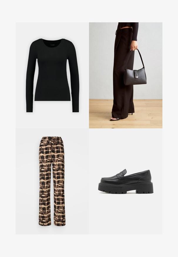Juoda ilgomis rankovėmis marškinėliai pagaminti iš įribuoto audinio. Turi apvalų iškirpimą ir prigludusią siluetą. Paprastas dizainas be raštų ar akcentų.; Plati kelnių kelnės iš lengvos medžiagos su juoda ir kreminės spalvos abstrakčiu raštu. Reguliuojamas raištelių juosmuo, atsipalaidavęs siluetas.; Juodas odinis loafers'ų modelis su žemu, masyviu guminio pado, siuvinėtomis detalėmis ant viršaus ir lygia tekstūra.; Juodas rankinė struktūrizuota forma, lygi tekstūra ir metalinis užsegimas. Suporuota su plačiomis juodomis kelnėmis ir atvirais bateliais ant medinių grindų.