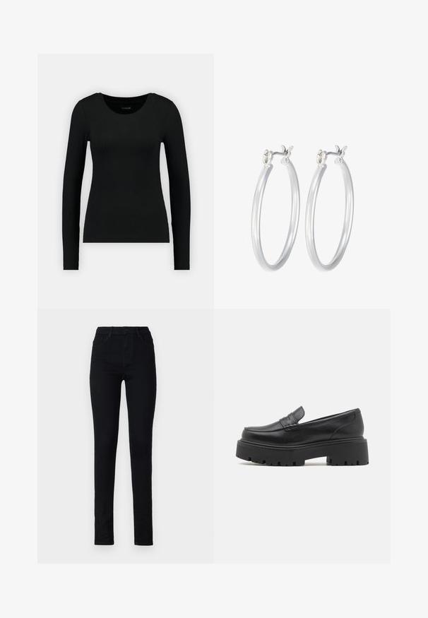 Juoda ilgomis rankovėmis marškinėliai pagaminti iš įribuoto audinio. Turi apvalų iškirpimą ir prigludusią siluetą. Paprastas dizainas be raštų ar akcentų.; Juodos džinsinės siaurėjantis kelnės su aukštu liemeniu, penkių kišenių dizainu ir lygiu tekstūru. Yra mygtuko ir užtrauktuko užsegimas.; Juodas odinis loafers'ų modelis su žemu, masyviu guminio pado, siuvinėtomis detalėmis ant viršaus ir lygia tekstūra.; Sidabriniai auskarai su sklandžiu, poliruotu paviršiumi. Apvalios formos ir saugus uždarymo mechanizmas. Lengvas dizainas, tinkantis kasdieniam dėvėjimui.