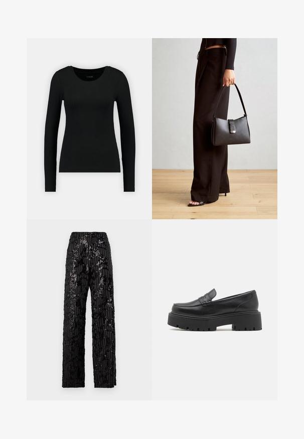 Fekete, hosszú ujjú, bordázott anyagból készült póló. Kerek nyakkivágással és testhezálló fazonnal rendelkezik. Egyszerű dizájn, minták vagy díszítések nélkül.; Fekete flitteres, széles szárú nadrág, texturált felülettel, függőleges csíkokkal és laza szabással, amely csillogó megjelenést biztosít.; Fekete bőr loafer-ek alacsony, vaskos gumitalpakkal, varrott díszítéssel a felső részen és sima felülettel.; Fekete kézi táska strukturált formával, sima textúrával és fémből készült záródással. Széles fekete nadrággal és nyitott orrú szandállal párosítva, fából készült padlón.