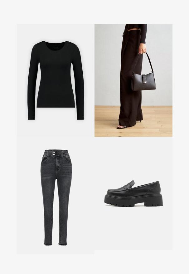 Fekete, hosszú ujjú, bordázott anyagból készült póló. Kerek nyakkivágással és testhezálló fazonnal rendelkezik. Egyszerű dizájn, minták vagy díszítések nélkül.; Magasszárú fekete farmernadrág, slim fit szabásban, két elülső zsebbel, cipzáras nyitással, két gombbal és rojtos szegéllyel.; Fekete bőr loafer-ek alacsony, vaskos gumitalpakkal, varrott díszítéssel a felső részen és sima felülettel.; Fekete kézi táska strukturált formával, sima textúrával és fémből készült záródással. Széles fekete nadrággal és nyitott orrú szandállal párosítva, fából készült padlón.