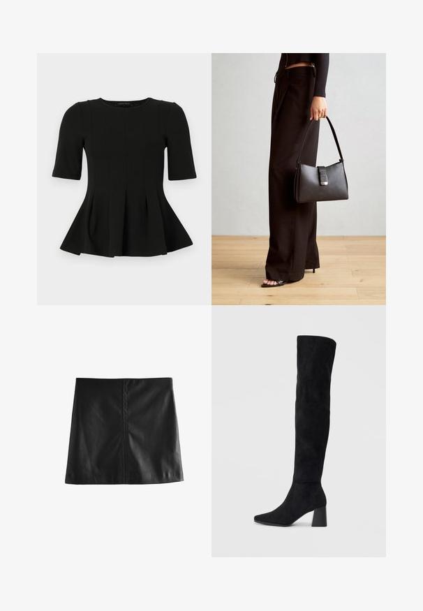 Schwarzes kurzärmliges Peplum-Oberteil mit rundem Ausschnitt und vertikalen Nahtdetails, vor einem weißen Hintergrund präsentiert.; Schwarzer Leder-Minirock mit glatter Textur, schlichtem Design und minimaler Nahtführung, gerader Schnitt und ohne Verzierungen.; Schwarze Wildleder-Stiefel bis zum Knie mit Blockabsatz, spitzer Zehe und glattem, nahtlosem Design auf einem schlichten, hellen Hintergrund.; Schwarze Handtasche mit strukturierter Form, glatter Textur und einem metallischen Verschluss. Kombiniert mit weiten schwarzen Hosen und offenen Sandalen auf einem Holzboden.