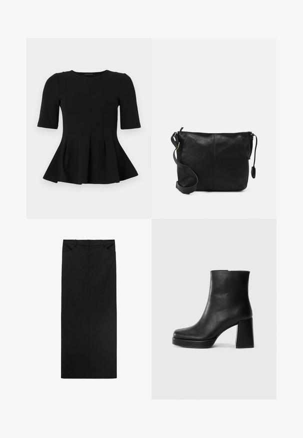 Čierny krátky rukáv peplum top s okrúhlym výstrihom a vertikálnym švom, zobrazený na bielom pozadí.; Čierna midi sukňa z hladkého materiálu so rovný strihom, vybavená pásom a dvomi prednými vreckami. Minimalistický dizajn bez vzorov.; Čierne kožené členkové topánky s blokovým podpätkom a platformovou podrážkou, zobrazené z boku na bielom pozadí.; Čierna kožená crossbody taška s plochým tvarom, zlatými kovovými akcentmi a nastaviteľným popruhom. Hladký povrch s minimálnymi švíkmi.
