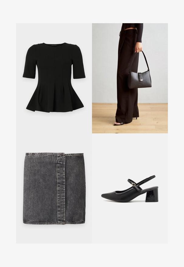 Top peplum negro de manga corta con escote redondo y detalles de costura vertical, presentado sobre un fondo blanco.; Falda de mezclilla gris oscuro con un corte recto, costuras visibles a lo largo de las costuras laterales y un acabado sin rematar en el borde inferior.; Tacones slingback de charol negro con punta afilada, un diseño de corte redondeado y tacón bloque. Incluye un detalle de hebilla en tono dorado.; Bolso negro con forma estructurada, textura suave y un cierre metálico. Combinado con pantalones anchos negros y sandalias de dedo en un suelo de madera.