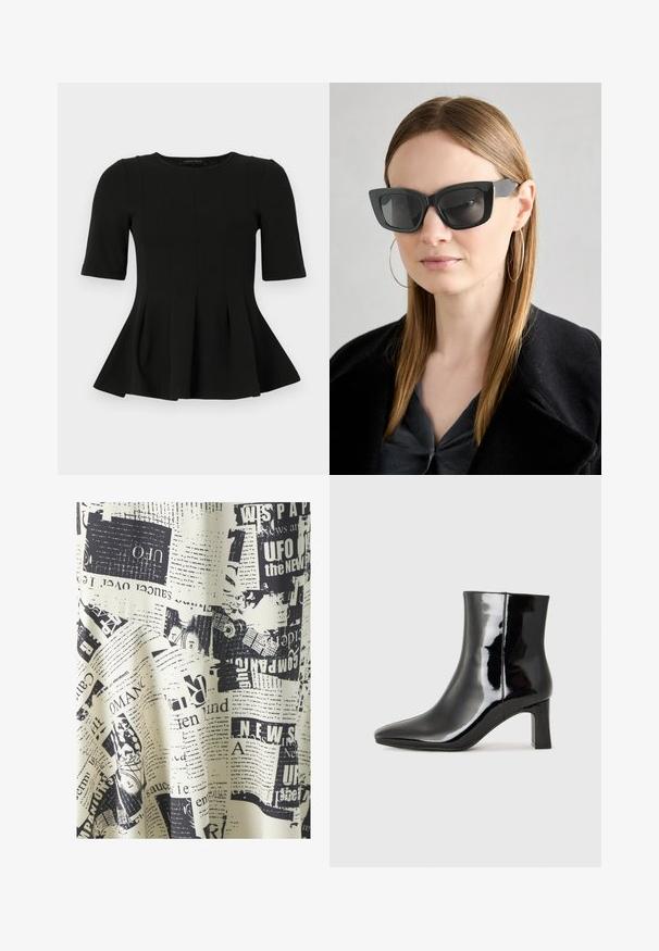 Black short-sleeve peplum top with round neckline and vertical seam detailing, displayed on a white background.; SOMETHINGNEW SIMONE CALF SKIRT - Maxi skirt - whitecap/gray; Black patent leather ankle boot with a pointed toe and a mid-height block heel. Smooth texture and minimalist design.; Black cat-eye sunglasses with dark lenses, thick frames, and subtle accents. Worn with a black coat and gray top, featuring long straight hair.; White synthetic handbag with a triangular shape, flat front flap and bow detail, adjustable strap, smooth texture, and minimalistic design.