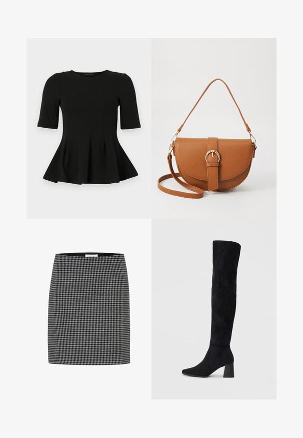 Zwarte korte mouwen peplumtop met ronde halslijn en verticale naaddetails, weergegeven op een witte achtergrond.; Zwart-wit houndstooth rok met een getailleerde silhouet, zachte textuur en een tailleband. Geen zichtbare hardware of patronen naast het houndstooth ontwerp.; Zwarte suède kniehoge laars met blokhak, spitse neus en een glad, naadloos ontwerp op een effen lichte achtergrond.; Bruine leren schoudertas met een gebogen vorm, gouden hardware en een gespaccent. Bevat een afneembare schouderriem.