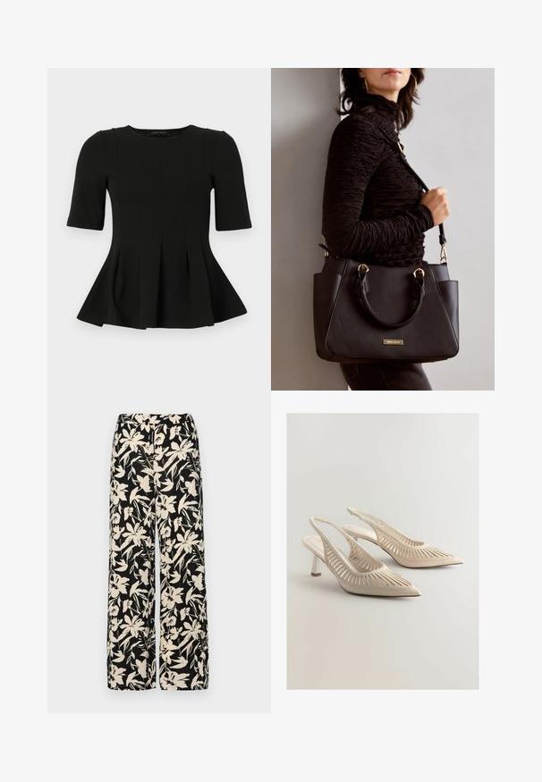 Črna kratkotrajna peplum majica s okroglim izrezom in navpičnimi šivi, prikazana na beli podlagi.; Črne široke hlače z kremnim cvetličnim vzorcem. Narejene so iz lahkega blaga, ki ima gladko teksturo in visok pas.; Bež s sandali s koničastimi prsti, ki imajo izrezljan črtast vzorec, tkanine detajle in majhen blok peto. Gladka površinska obdelava.; Črna torbica z teksturirano površino, z dvema zgornjima ročajema in nastavljivim ramenskim pasom. Ima zlatovrateče dodatke in stranske žepe.