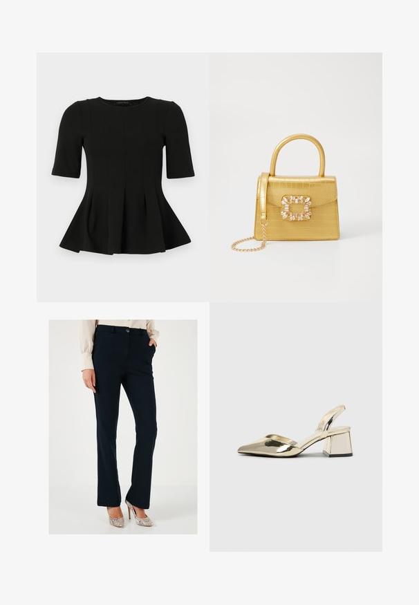 Mustvalge lühikeste varrukatega peplum-top, ümarate kaelustega ja vertikaalse õmblusdetailiga, esitatud valgel taustal.; Tumed sinine kohandatud püksid siledast materjalist, sirgete jalgadega, eestaskutega ja nööbiga sulgemisega, koos metallik kõrgete kontsadega.; Kuldne, metallilised slingback-kudumid terava varba ja paksu kontsaga. Sile tekstuur, minimalistlik disain ja kitsas rihm.; Kollane faux-krokodilli käsipindaga kott, millel on struktureeritud disain, ülemine käepide, eemaldatav kettmass ja dekoratiivne kristallkaunistus klambril.; Kuldsest rõngastest kõrvarõngad sileda, ümarate joontega. Õhukesed ja kerged, koosnevad pidevast ringsest kujundist ilma kaunistusteta.