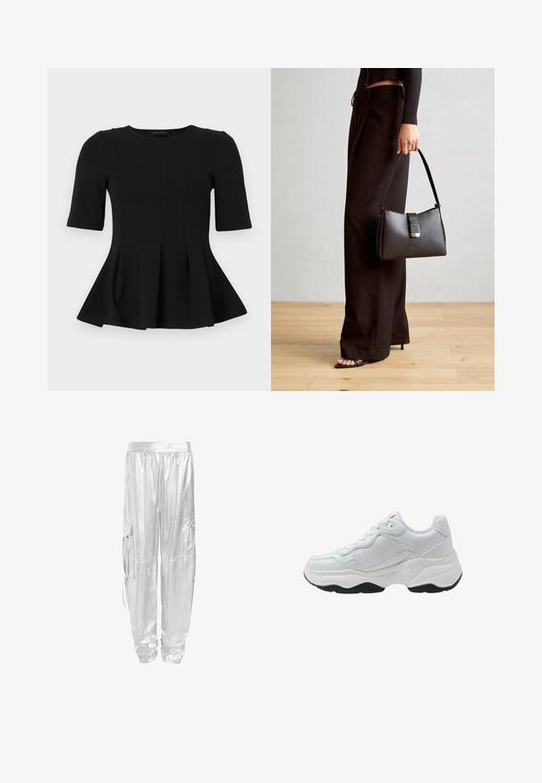 Top peplum negro de manga corta con escote redondo y detalles de costura vertical, presentado sobre un fondo blanco.; Pantalones cargo plateados con un acabado metálico brillante. Diseñados con una cintura elástica y dos bolsillos laterales para mayor funcionalidad.; Zapatilla blanca hecha de cuero liso con acentos texturizados, punta redondeada, parte delantera con cordones y suela de goma negra con patrón de agarre.; Bolso negro con forma estructurada, textura suave y un cierre metálico. Combinado con pantalones anchos negros y sandalias de dedo en un suelo de madera.