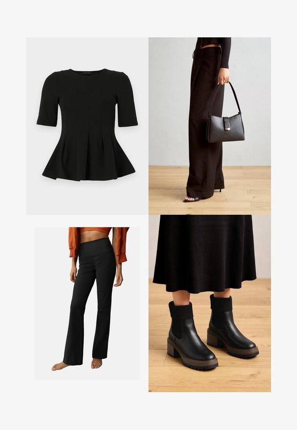 Mustvalge lühikeste varrukatega peplum-top, ümarate kaelustega ja vertikaalse õmblusdetailiga, esitatud valgel taustal.; Mustad ribaga flared püksid kõrge vöökohaga, millel on sile tekstuur ja lihtne disain. Rõhku on pandud kergelt laienevale lõikele allääres.; Mustad nahast kiilukontsaga pahkluu saapad, millel on soonikuga riidest varrukad, tummine pruuni värvi konts ja tekstuuriga tald. Sile pind ja elastsed külgpaneelid.; Must musta kott, millel on struktureeritud kuju, sile tekstuur ja metallist klamber. Kombineeritud laiate mustade pükstega ja avatud varvaste sandaalidega puidust põrandal.