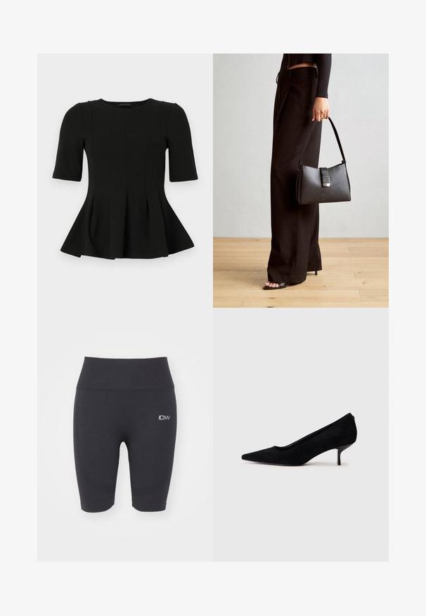Czarna bluzka peplum z krótkim rękawem, okrągłym dekoltem i pionowymi szwami, prezentowana na białym tle.; ICANIWILL - Rajstopy; Czarny zamszowy but na wysokim obcasie z wydłużonym noskiem i smukłym, niskim obcasem. Gładka tekstura z eleganckim wzornictwem, bez widocznych elementów metalowych.; Czarna torebka o usztywnionym kształcie, gładkiej fakturze i metalowym zapięciem. Połączona z szerokimi czarnymi spodniami i sandałami na otwartym palcu na drewnianej podłodze.