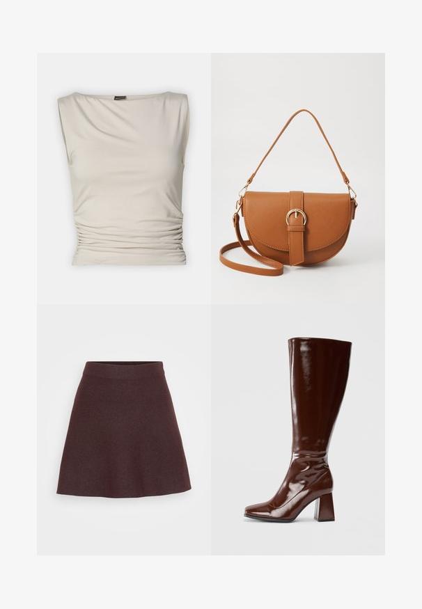 Gina Tricot SOFT TOUCH BOATNECK TOP - Felső - pumice stone; Burgundi színű kötött szoknya, amelynek szögletes kialakítása, széles derékrésze és sima textúrája van, egyszínű, minta vagy díszítés nélkül.; Térd fölötti barna lakkbőr csizmák, négyzet alakú orral, fényes felülettel és stabilitást biztosító vastag sarkal. Sehol sem látható hardver nélküli zökkenőmentes dizájn.; Barna bőr keresztbody táska ívelt formával, aranyszínű fémrészekkel és csat díszítéssel. Levehető vállpánttal rendelkezik.