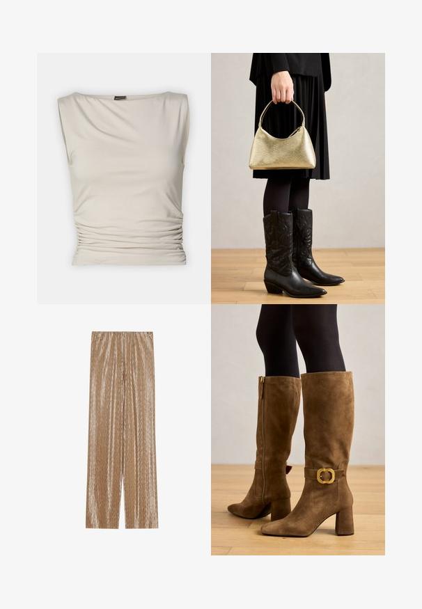 Gina Tricot SOFT TOUCH BOATNECK TOP - Top - pumice stone; Light brown pleated trousers made of shiny fabric, featuring a textured zigzag pattern and an elastic waistband for comfort.; Knee-high brown suede boots with a square gold buckle, chunky heel, and tapered toe, featuring a side zipper for ease of wear.; Gold textured handbag with a curved shape and short handle, held by a person wearing a black pleated skirt and black leather cowboy boots.; Three hair clips: one black and white marbled, two tortoiseshell in brown and black hues, all made of glossy plastic with a textured finish.