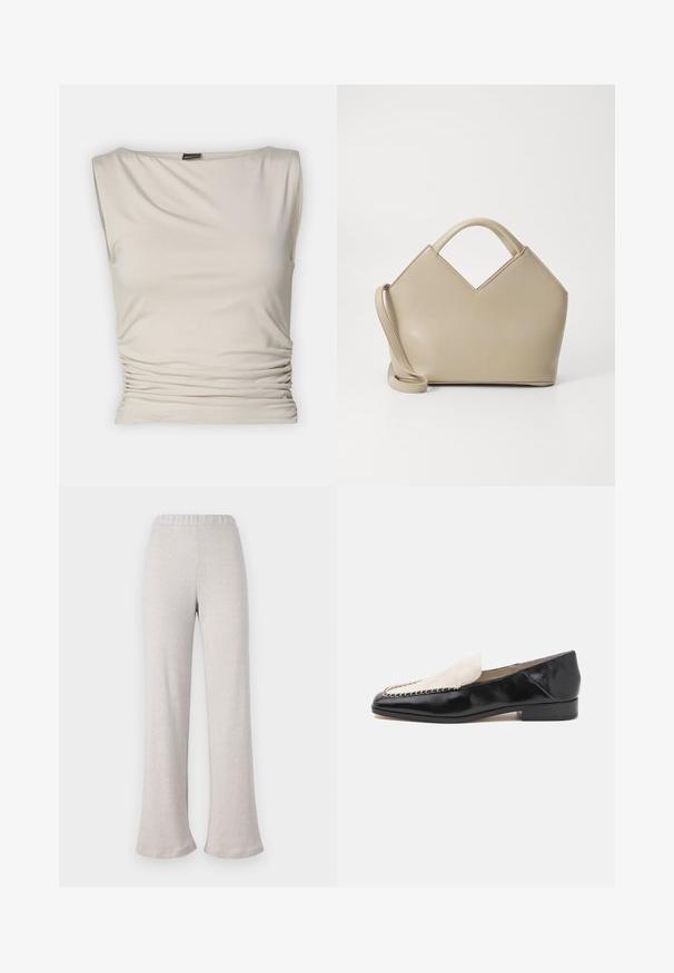 Gina Tricot SOFT TOUCH BOATNECK TOP - Topp - pumice stone; Heledad beežid laiad püksid, mis on valmistatud tekstureeritud kangast, elastse vöökoha ja laia jala disainiga, sobivad igapäevaseks kandmiseks.; Mustad nahast loafid kontrastse beeži nahkatipuga, millel on tikandid ääre ümber ja madal konts.; Beež struktuurne käekott V-kujuga ülaosaga, sile nahkmaterjal, lühikesed sangad ja pikk reguleeritav rihm. Minimalistlik disain.