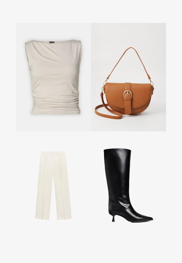 Gina Tricot SOFT TOUCH BOATNECK TOP - Top - pumice stone; Široké nohavice vo svetlej krémovej farbe. Vyrobené z hladkej látky s skladmi vpredu a bočnými vreckami.; Čierne kožené vysoké čižmy po kolená s špicatou špičkou, štíhlym siluetou a nízkym blokovým podpätkom s lesklým povrchom.; Hnedá kožená kabelka cez telo s zakriveným tvarom, zlatými kovovými doplnkami a akcentom s prackou. Obsahuje odnímateľný ramenný popruh.