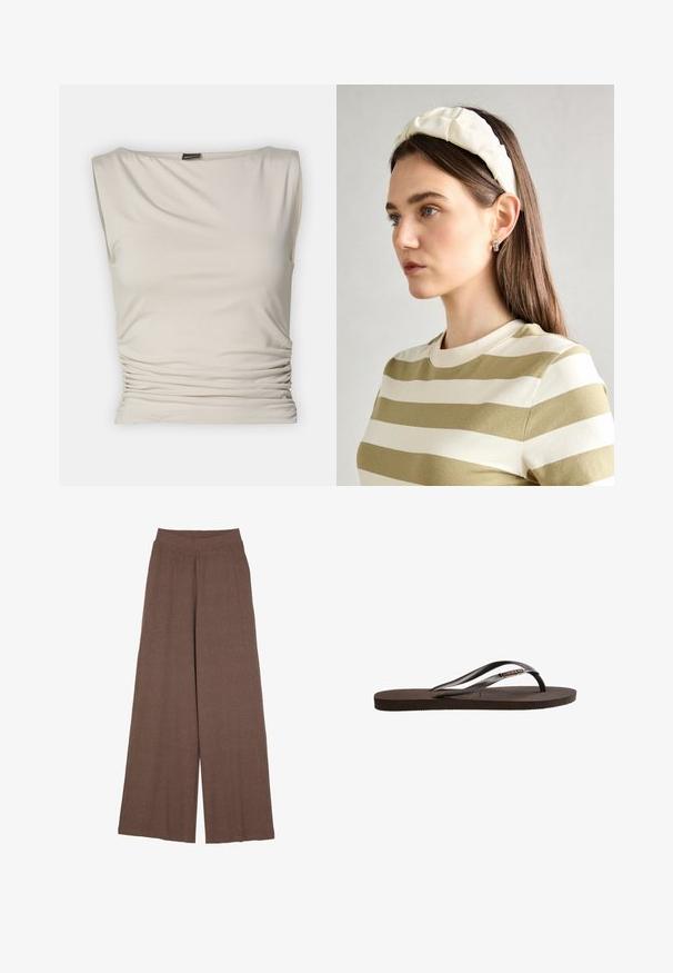 Gina Tricot SOFT TOUCH BOATNECK TOP - Top - pumice stone; Pantalones de pierna ancha hechos de una tela texturizada y acanalada en un cálido color marrón. Presentan una cinturilla sin costuras y una silueta fluida.; Chanclas de goma marrones con una plantilla texturizada, tiras estrechas y un acento de logo. Suela plana con un acabado suave.; Diadema acolchada crema con diseño trenzado, acompañada de una camiseta de rayas beige y blanca con cuello redondo. Sutiles acentos de joyería.