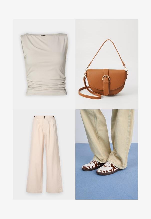 Gina Tricot SOFT TOUCH BOATNECK TOP - Felső - pumice stone; Beige színű, bővített lábú pamut nadrág, magas derékkal, elülső két redővel és két barna gombbal a derékrészén.; Fehér és barna mintás sportcipők, hálós és bőr anyagból, barna gumi talppal. Világos bézs bő szabású nadrággal párosítva.; Barna bőr keresztbody táska ívelt formával, aranyszínű fémrészekkel és csat díszítéssel. Levehető vállpánttal rendelkezik.
