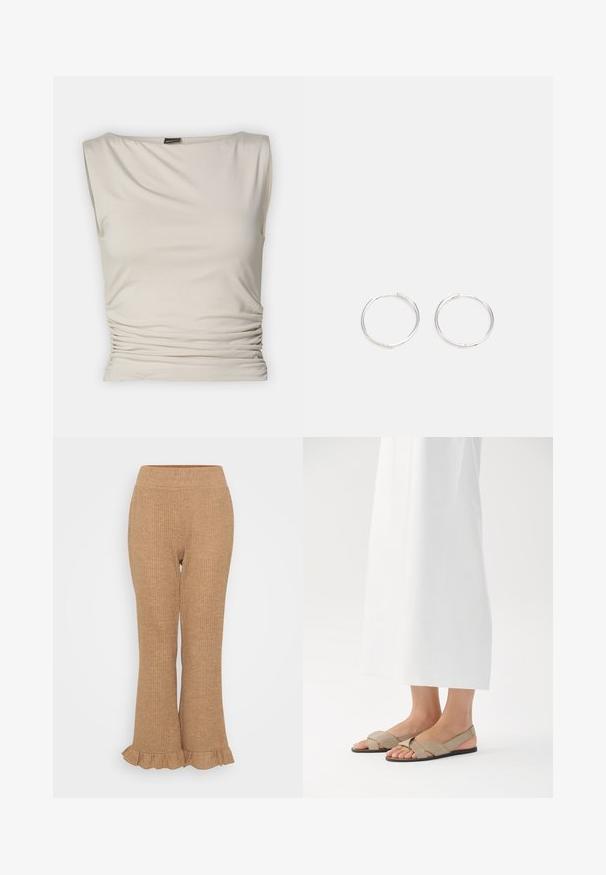 Gina Tricot SOFT TOUCH BOATNECK TOP - Top - pumice stone; Pantaloni tricotati cu nervuri de culoare maro deschis, cu bază evazată și o margine fronsată. Talie elastică pentru confort. Textură uniformă pe întreaga suprafață.; Sandale din piele bej cu design cu curea încrucișată și talpă neagră, având vârful deschis și stil slingback. Pe fundal alb.; Cercei din argint cu un design elegant și rotund, având o suprafață netedă și fără embellismente vizibile. Diametrul nu este specificat.