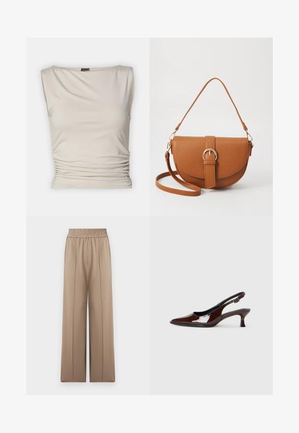 Gina Tricot SOFT TOUCH BOATNECK TOP - Top - pumice stone; Bež hlače širokih nogavica s elastičnim pojasom, izrađene od mekog materijala, s prednjim nabranima za dodatnu teksturu i glatki završetak.; Smeđe patentne kožne cipele s otvorenom petom, špicastim vrhom i umjerenom petom. Imaju remen s kopčom za sigurno pristajanje. Glatka tekstura.; Smeđa kožna torba preko tijela s zakrivljenim oblikom, zlatnim metalnim detaljima i naglaskom na kopču. Ima odvojivu naramenicu.