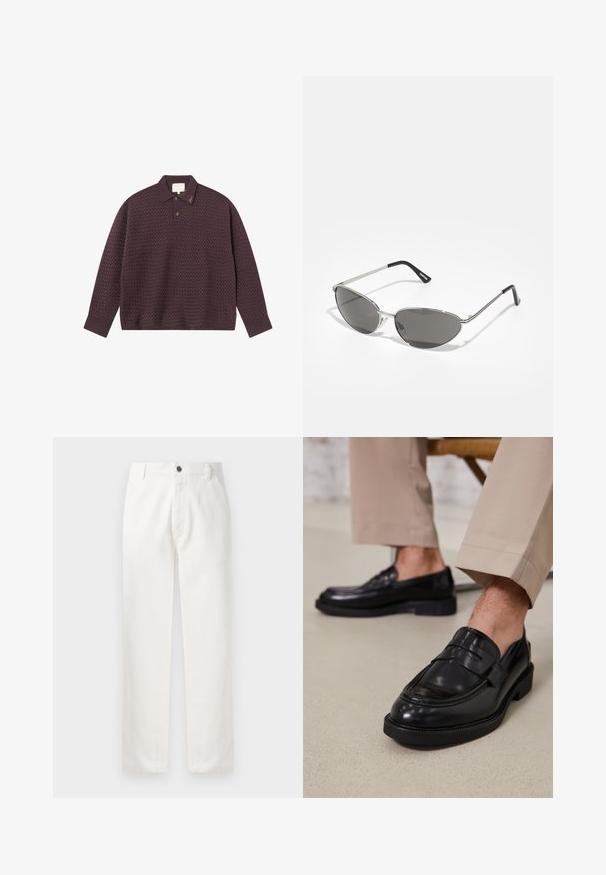 Tmavě fialové pletené polo tričko s texturovaným včelím plátnem, se límečkem, třemi knoflíky a vyšitým logem na límci.; Bílé bavlněné kalhoty s rovnými nohavicemi, předními kapsami, kovovým zapínáním na knoflík a jemnými švy podél švů.; Černé kožené loafers s hladkým povrchem, zdobené páskem a kontrastním prošíváním, spárované s béžovými kalhotami.; Sluneční brýle s elegantním stříbrným kovovým rámem, šedými tónovanými skly a aerodynamickým designem s ostrými hranami a tenkými nožičkami.