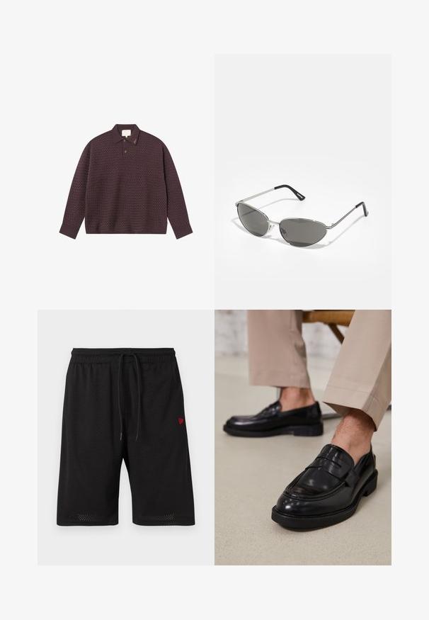 Temno vijolična pletena polo majica z teksturiranim motivom satja, ki ima ovratnik, plaketko z tremi gumbi in izvezeno blagovno znamko na ovratniku.; Črne mrežaste kratke hlače z elastičnim pasom, nastavljivim vrvico in majhnim rdečim logotipom na levi strani. Lahka in zračna tkanina.; Črne usnjene loafer čevlje z gladko površino, ki imajo okrasno zaponko in kontrastno šivanje, v kombinaciji s bež hlačami.; Sončna očala z elegantnim srebrnim kovinskim okvirjem, sivi zasenčeni leči in aerodinamičnim oblikovanjem, ki vključuje ostri robovi in tanke ročke.