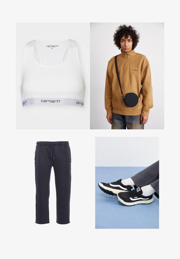 Fehér sportmelltartó sima anyagból, versenypályás dizájnnal és szürke elasztikus pánttal, amelyen fekete Carhartt logó található. Kicsi méret.; Sötétszürke melegítőnadrág, puha anyagból készült, rugalmas dérszíjjal és zsinórral, oldalsó zsebekkel és látható varrással.; Fekete sportcipők fehér kiegészítőkkel, hálós és gumis anyagból, texturált talppal és sarokhúzóval. Fehér zoknival és szürke nadrággal viselve.; Barna negyedzipzáras polárpulóver hímzett logóval, amelyet egy fekete, cipzáras, logós részlettel ellátott keresztpántos táska alatt viselnek farmernadrág felett.