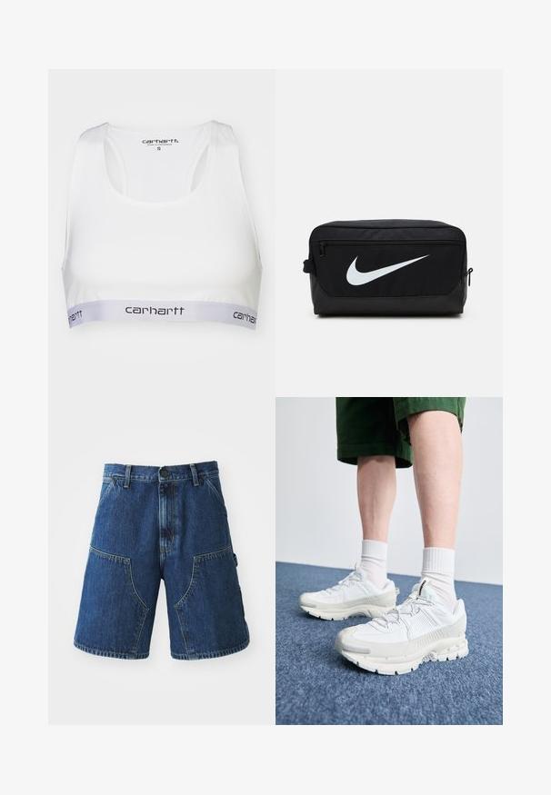 Valkoinen urheiluliivi, jossa on sileä kangas, urheilullinen takana oleva muotoilu ja harmaa joustava vyö, jossa on Carhartt-logo mustana. Koko pieni.; Farkkushortsit tummansinisellä pesulla, joissa on suuret etutaskut, nappikiinnitys ja näkyvää ommelta saumoissa.; Valkoiset urheilukengät, joissa on tekstuuriset päällysteet, paksu pohja ja harmaat yksityiskohdat. Yhdistetty valkoisiin putkisukkiin ja vihreisiin shortseihin sinisellä pinnalla.; Musta Nike-hygieniakassi, jossa on sileä pinta, valkoisella swoosh-logolla, päällinen vetoketjusuljenta ja sivutasku.