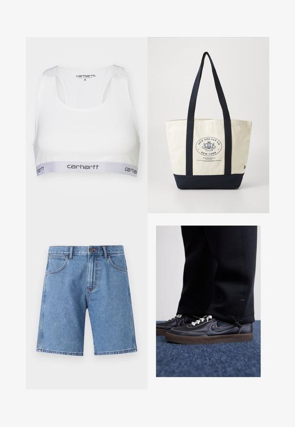 Bijeli sportski grudnjak od glatkog materijala, s dizajnom sportskog leđa i sivoj elastičnoj traci na kojoj se nalazi Carhartt logo u crnoj boji. Veličina mala.; Traper šorts u svijetloplavoj boji, s ravnim krojem, dizajnom s pet džepova i vidljivim šavovima. Zatvaranje na dugme u struku.; Nike Sportswear KILLSHOT 2 LTR PRM OPP2 - Tenisice - black sail baroque brown mtlc dk grey; Platnena torba s tamnoplavim ručkama i dnom. Sadrži kružni logotip s natpisom "New Era Cap Co". Bež tijelo, čvrsta izrada.