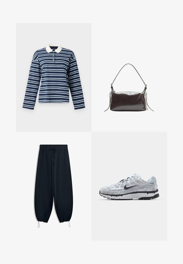 Mörkblå och ljusblå randig långärmad piké med vit krage, med tre knappar på knappisen. Mjuk bomullstyg.; Svarta sweatpants i mjukt tyg, med elastisk midja och snörning, smalnade anklar och sidfickor.; Nike P-6000 sneakers med en ljusgrå nätövre, svarta accenter och en hållbar sula i svart gummi. Har en intrikat design och snörningssystem.; Brun lackläderhandväska med en strukturerad rektangulär form, ett handtag och en silverkedjeaccent på ena sidan.