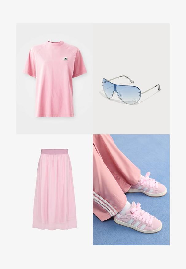 Roza bombažna majica s krojem in kratkimi rokavi. Ima majhen kvadratni znak na levi strani prsi. Gladka tekstura.; Roza tila krila s mehkim, prozornim dizajnom. Ima elastičen pas in tekoč profil, kar ustvarja plastičen učinek.; Roza športna obutev z svetlo modrimi črtami, okroglo konico in debelimi roza vezalkami, v kombinaciji z roza športnimi hlačami z belimi stranskimi črtami.; Pilotne sončne očala z gradijentnimi modrimi lečami, srebrnim kovinskim okvirjem in okrasnimi zvezdastimi detajli na lečah. Gladek in eleganten dizajn.