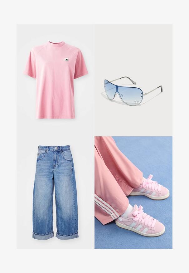 T-shirt de algodão rosa com decote redondo e mangas curtas. Apresenta um pequeno patch de logótipo em forma de quadrado na área do peito esquerdo. Textura suave.; BDG Urban Outfitters JAYA - Calças de ganga de corte relaxado - light vintage; Tênis de desporto rosa com riscas azul claro, bico redondo e atacadores grossos rosa, combinados com calças de pista rosa com riscas laterais brancas.; Óculos de sol aviador com lentes azuis em degradê, armação metálica prateada e detalhes decorativos de estrelas nas lentes. Design suave e elegante.