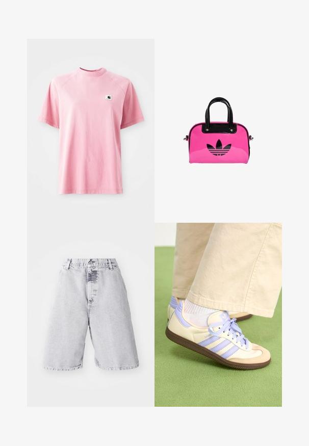 T-shirt en coton rose avec un col rond et des manches courtes. Présente un petit patch logo carré sur la zone gauche de la poitrine. Texturé lisse.; Shorts en denim de couleur gris clair avec une texture délavée. Présente une fermeture à bouton et zip, des passants de ceinture et une coupe droite.; Baskets crème et lavande avec trois bandes et une semelle marron texturée, dotées de lacets et d'un talon rembourré. Tige en tissu doux.; Sac à main en patent rose avec un logo et des poignées noirs, de forme arrondie et avec une fermeture éclair. Sa texture brillante améliore la visibilité.
