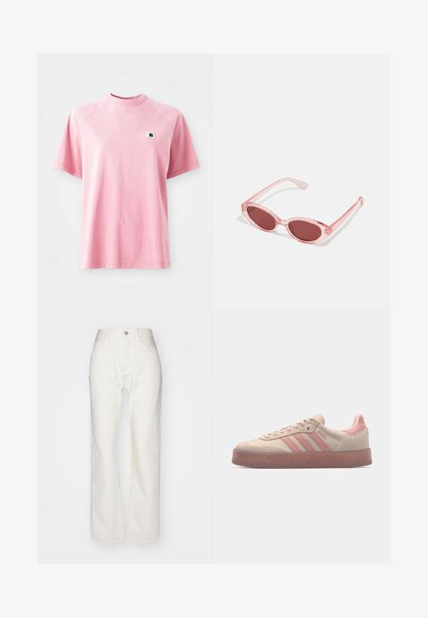 Ružičasta pamučna majica s kratkim rukavima i okruglim izrezom. Ima malu kvadratnu oznaku na lijevoj strani prsnog područja. Glatka tekstura.; Bijele traper hlače s visokim strukom i širokim nogavicama. Sadrže kopčanje na dugme i patentni zatvarač, petlje za remen i suptilne detalje šivanja.; Bežsuede tenisice s svijetloružičastim akcentima, teksturiranom gumiranom potplatom i tri ružičaste pruge sa strane. Zaobljeni vrh i dizajn s vezanjem.; Ružičaste prozirne sunčane naočale s ovalnim staklima, tamnocrvenim tonom i tankim drškama, s glatkom površinom i suptilnim detaljima na okviru.