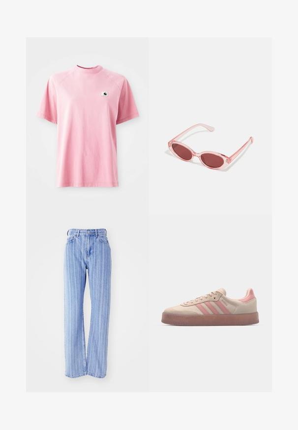 Camiseta de algodón rosa con cuello redondo y mangas cortas. Presenta un pequeño parche cuadrado con el logo en la zona del pecho izquierdo. Textura suave.; Vaqueros de denim azul claro con rayas blancas verticales, cintura alta, corte holgado, cinco bolsillos y cierre de botón.; Zapatillas de ante beige con acentos en rosa claro, suela de goma texturizada y tres franjas rosas en el lateral. Punta redondeada y diseño con cordones.; Gafas de sol transparentes rosas con lentes ovalados, tinte rojo oscuro y varillas delgadas, con un acabado suave y detalles sutiles en la montura.