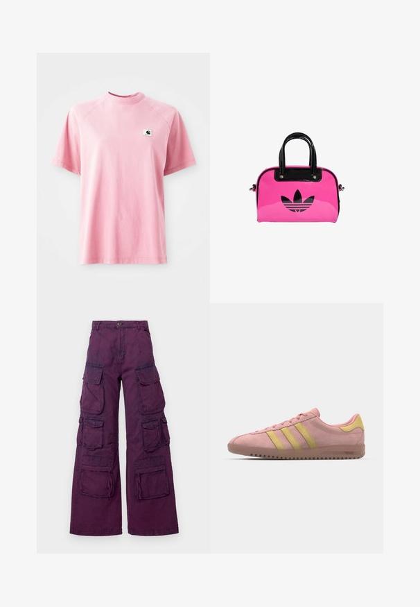 Rozā kokvilnas T-kreklis ar apaļu kakla izgriezumu un īsām piedurknēm. Satur nelielu kvadrātveida logotipa uzšuvumu kreisajā krūšu daļā. Gluda tekstūra.; Violet kravas bikses ar platām kājām, ar vairākiem priekšējiem un sānu kabatām, kontrastējošiem šuvēm un pogu aizdari jostasvietā.; Rozā zamša sporta apavi ar trim dzeltenām svītrām, noapaļota purngalu daļa un teksturēta gumijas zole. Zems profils ar mīkstinātu apkaklīti.; Rozā lakota rokassoma ar melnu logo un rokturiem, ar noapaļotu formu un rāvējslēdzēja aizdari. Spīdīga tekstūra palielina redzamību.