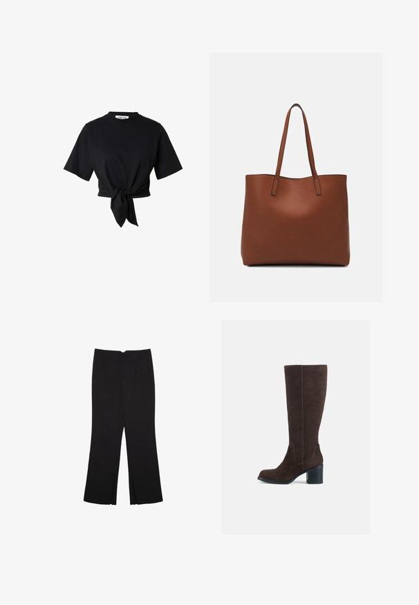 Black cropped t-shirt made of soft cotton. Features short sleeves and a front knot detail. Round neckline with a simple, clean design.; Black trousers with a straight fit, featuring front pockets and side slits at the hem. Made of soft, smooth fabric. Suitable for various occasions.; Brown suede knee-high boots with a block heel and a smooth finish. Rounded toe and distinct seam detailing on the shaft.; Brown leather tote bag with a smooth texture, open top design, and two shoulder straps. Features minimal stitching and no visible hardware.