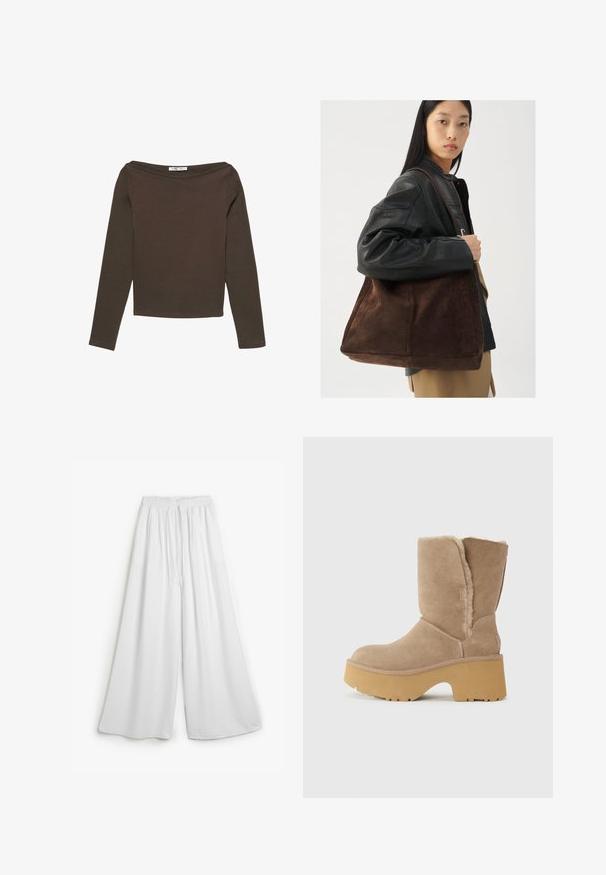 Brauner Langarm-Top mit weitem, schulterfreiem Ausschnitt und figurbetontem Schnitt. Hergestellt aus einem weichen, elastischen Stoff.; Weiße Hosen mit weitem Bein aus weichem Stoff, ausgestattet mit einem elastischen Bund mit Kordelzug und zwei Seitentaschen. Glatte Textur.; Beige Wildlederstiefel bis zur Mitte der Wade mit einer dicken gelben Plateausohle, ausgestattet mit einem weichen, strukturierten Futter und einem runden Zehendesign. Schlichte äußere Oberfläche.; Braune Wildleder-Tasche mit breiter Form und weicher Textur, ausgestattet mit einem einzigen Tragegurt und minimalem Zubehör vor einem neutralen Hintergrund.