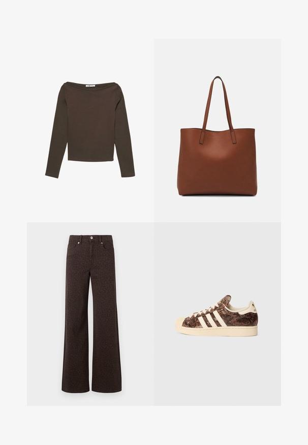 Rjavo dolgotrajno majico z dolgimi rokavi, širokim dekoltejem brez ramen in oprijetim krojem. Izdelano iz mehke, raztegljive tkanine.; Rjave široke kavbojke z diskretnim leopardjim vzorcem, izdelane iz denima z gladko teksturo in klasičnim pet-pocket dizajnom.; Sneaker v rjavem vzorcu kače z belimi črtami in kremnimi detajli. Ima zaobljen sprednji del, teksturirano površino in mehak notranji podložek.; Rjava usnjena torba z gladko teksturo, odprto zasnovo zgoraj in dvema naramnima trakovoma. Opremljena je z minimalnim šivanjem in brez vidnih kovinskih delov.