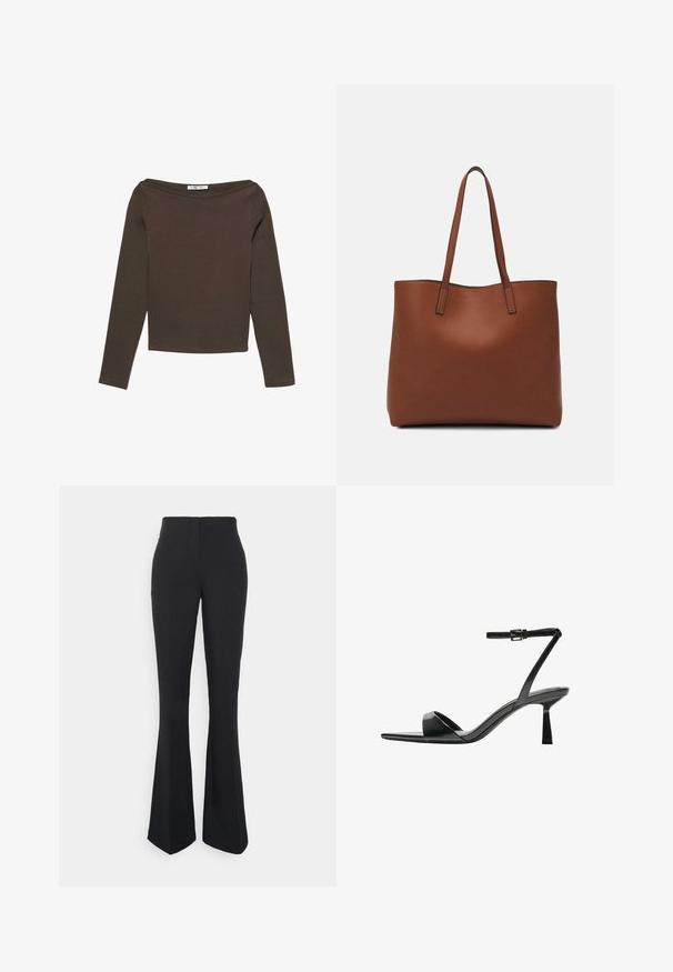 Ruskea pitkähihainen paita, jossa on leveä, olkapäiden ulkopuolinen pääntie ja istuva malli. Valmistettu pehmeästä, joustavasta kankaasta.; ONLY Tall ONLEDINA FLARE PANT - Housut - black; Bershka Korolliset sandaalit - black; Ruskea nahkainen olkalaukku, jossa on sileä pinta, avoin yläosa ja kaksi olkahihnaa. Omaavat vain minimaalisen ompelun eikä näkyvää metalliosaa.
