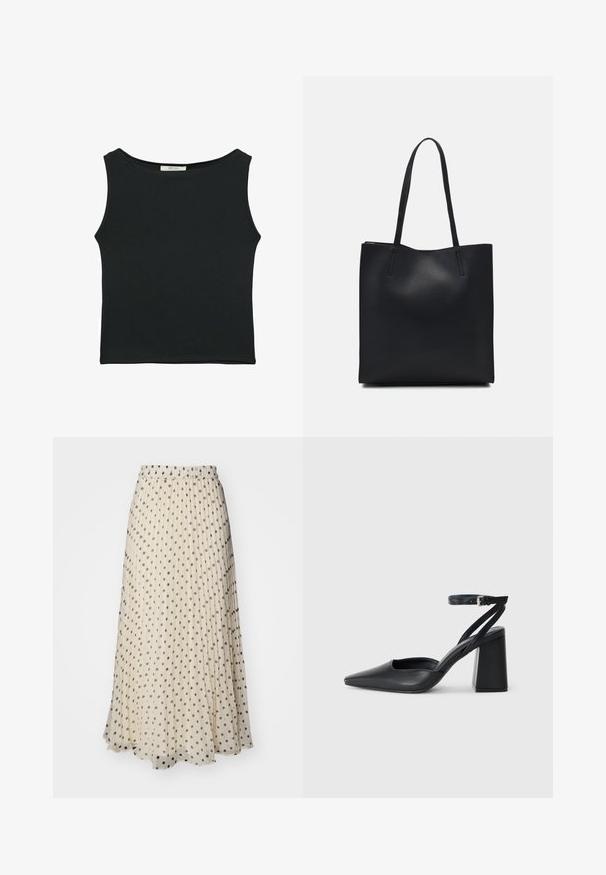 Svart ärmlös topp i slät tyg, med rundad halsringning och en figursydd design utan synliga mönster eller utsmyckningar.; Plisserad maxikjol i krämfärgad tyg, med jämnt fördelade mörka prickar. Elastisk midja för komfort och ett flödande fåll.; Svart läderpumps med spetsig tå, ankelrem och kraftig klack. Slät textur, stilren design och minimalistisk estetik.; Svart lädertoffelväska med slät textur, rektangulär form och två långa handtag. Ingen synlig hårdvara eller dekorationer.