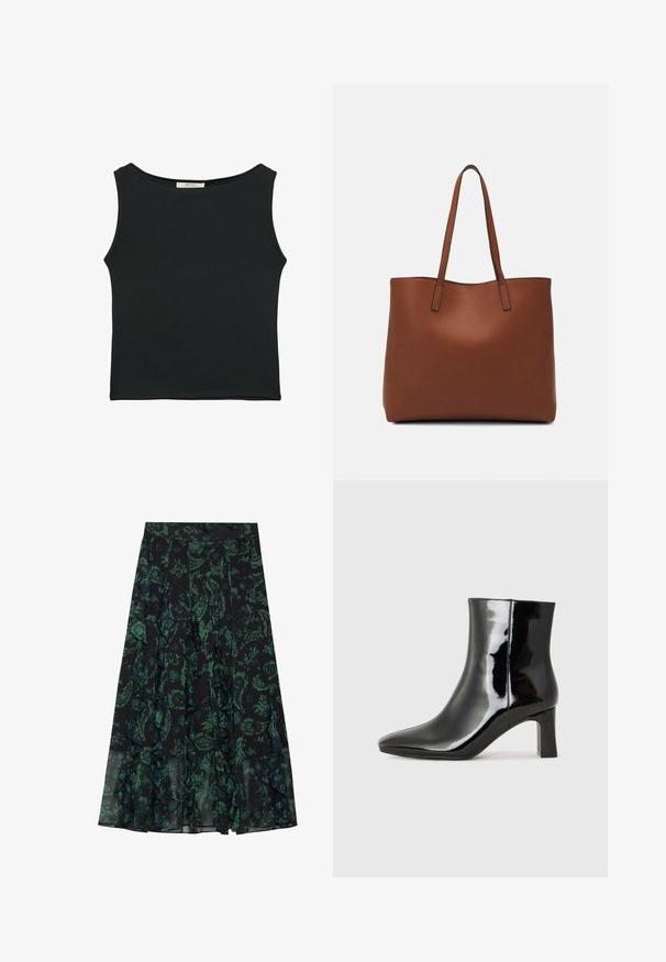 Schwarzes ärmelloses Oberteil aus glattem Stoff, mit einem runden Ausschnitt und einer figurbetonten Passform, ohne sichtbare Muster oder Verzierungen.; Schwarzer Rock mit grünem Blumenmuster, mit gefransten Kanten und Falten. Hergestellt aus leichtem Stoff, bietet er eine fließende Silhouette.; Schwarzer Lackleder-Stiefelette mit spitzer Zehe und einem mittelhohen Blockabsatz. Glatte Textur und minimalistisches Design.; Braune Leder-Tote mit glatter Textur, offenem Oberteil und zwei Schulterriemen. Verfügt über minimale Nähte und keine sichtbaren Beschläge.