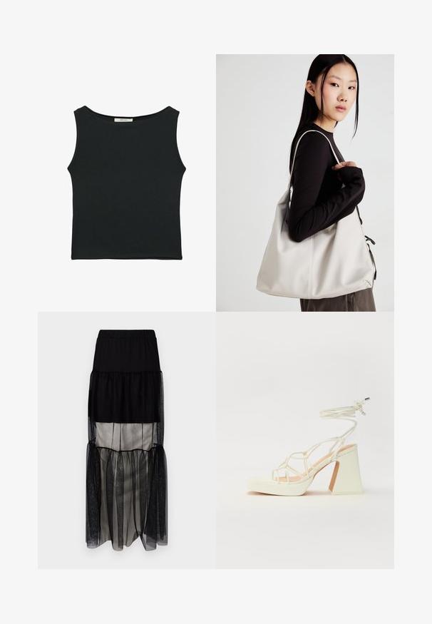 Černý top bez rukávů vyrobený z hladké látky, s kulatým výstřihem a přiléhavým střihem bez viditelných vzorů nebo ozdob.; Černá maxi sukně s vrstvením a elastickým pasem, která má průhledné tylové panely, kontrastní saténovou podšívku a splývavý siluetu.; Bílé sandály na vysokém podpatku s robustním podpatkem, s designem s pásky a zavazováním kolem kotníku. Hladký povrch s platformou vpředu pro zvýšení výšky.; Beige kabelka vyrobená z měkkého materiálu, s volným designem, prošívanými detaily a dvěma ramenními popruhy. Vhodná pro každodenní použití.