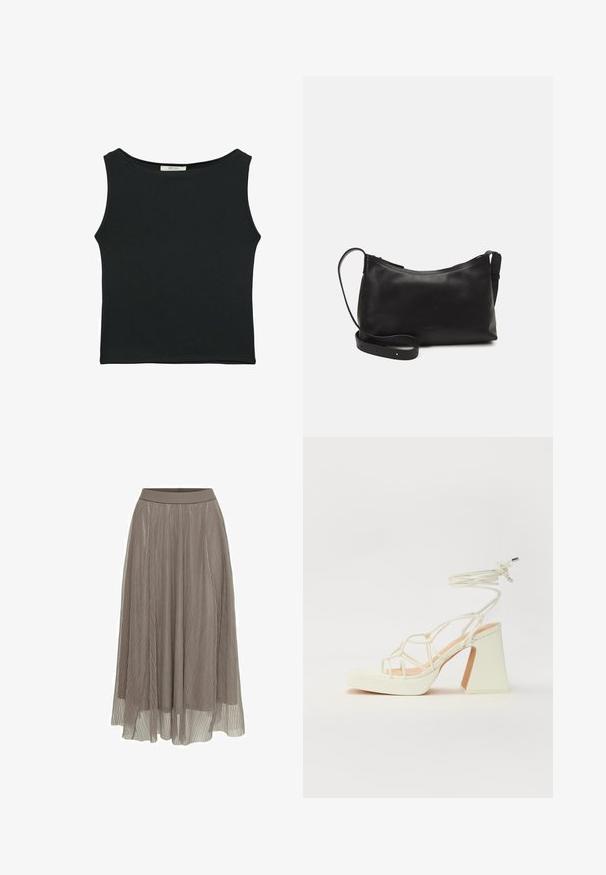 Zwarte mouwloze top van gladde stof, met een ronde halslijn en een aansluitend ontwerp zonder zichtbare patronen of versieringen.; Plissé maxi rok in taupe, met een gladde tailleband en een vloeiende silhouet. Gemaakt van lichtgewicht, doorschijnend materiaal met fijne textuur.; Witte hoge hakken sandaal met een chunky hak, met een bandjesontwerp en enkelband. Gladde textuur met een plateau voor extra hoogte.; Zwarte leren schoudertas met een gladde textuur, gebogen vorm, verstelbare schouderband en een ritsafsluiting. Minimalistisch ontwerp zonder versieringen.
