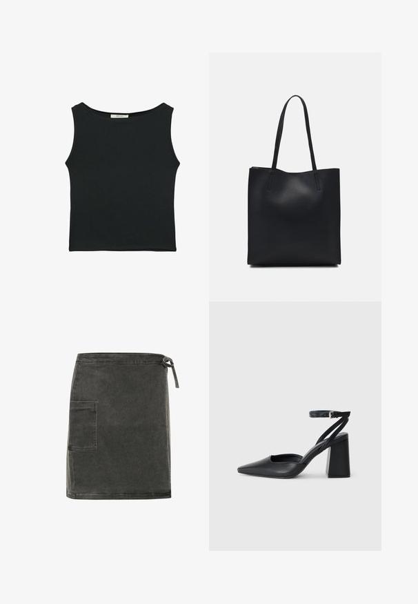 Schwarzes ärmelloses Oberteil aus glattem Stoff, mit einem runden Ausschnitt und einer figurbetonten Passform, ohne sichtbare Muster oder Verzierungen.; Grauer Denim-Rock mit geradem Schnitt, Seitentasche und verstellbarem Krawattenverschluss in der Taille. Verfügt über eine weiche Textur und minimalistisches Design.; Schwarze Leder-Pumps mit spitzer Zehe, einem Knöchelriemen und einem blockigen Absatz. Flache Textur, elegantes Design und minimalistische Ästhetik.; Schwarze Laptoptasche aus Leder mit glatter Textur, rechteckiger Form und zwei langen Griffen. Keine sichtbaren Beschläge oder Verzierungen.