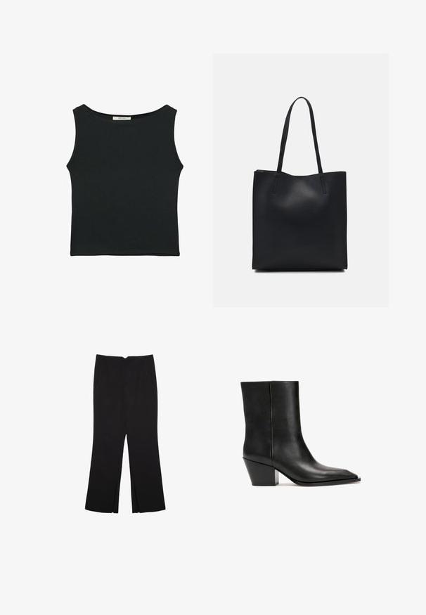 Černý top bez rukávů vyrobený z hladké látky, s kulatým výstřihem a přiléhavým střihem bez viditelných vzorů nebo ozdob.; Černé kalhoty s rovným střihem, s předními kapsami a bočními rozparky na lemu. Vyrobené z jemné, hladké tkaniny. Vhodné na různé příležitosti.; Černé kožené kotníkové boty s hladkým povrchem, čtveratou špičkou a geometrickou, masivní podrážkou. Elegantní design bez viditelného kování nebo vzorů.; Černá kožená taška přes rameno s hladkým povrchem, obdélníkovým tvarem a dvěma dlouhými uchy. Žádné viditelné kování ani ozdoby.