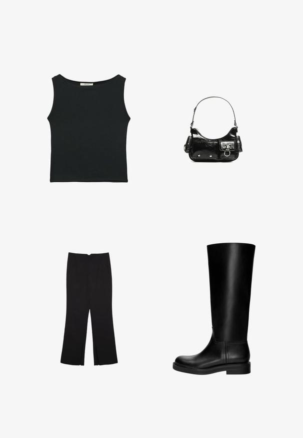 Černý top bez rukávů vyrobený z hladké látky, s kulatým výstřihem a přiléhavým střihem bez viditelných vzorů nebo ozdob.; Černé kalhoty s rovným střihem, s předními kapsami a bočními rozparky na lemu. Vyrobené z jemné, hladké tkaniny. Vhodné na různé příležitosti.; Černá kožená vysoká bota s hladkým povrchem, zaoblenou špičkou, decentním designem a nízkým blokovým podpatkem. Žádné viditelné kovové prvky ani vzory.; Černá lakovaná kožená kabelka s křivkovým tvarem, jedním ramenním popruhem, předními kapsami a stříbrnými kovovými detaily.