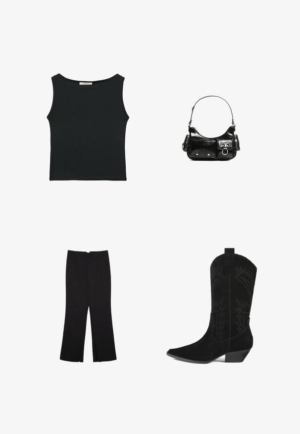 Crna majica bez rukava od glatkog materijala, s okruglim izrezom i uskim krojem bez vidljivih uzoraka ili ukrasa.; Crne hlače ravnog kroja, s prednjim džepovima i bočnim prorezima na rubu. Izrađene od mekog i glatkog materijala. Pogodne za razne prigode.; Crni nubuck kaubojski čizme s šiljastim prstom, srednjim okomitim dijelom i detaljima šavova u obliku cik-caka. Imaju nisku, suženu petu.; Crna patentna kožna torba s zakrivljenim oblikom, jednim remenom za rame, prednjim džepovima i akcentima od srebrnog tona.