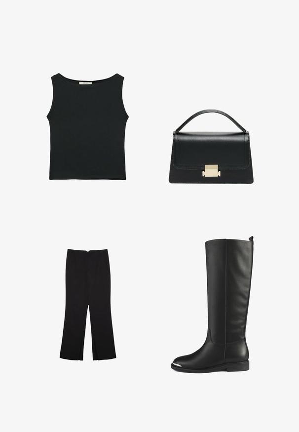 Top sans manches noir en tissu lisse, avec un col rond et une coupe ajustée, sans motifs ni ornements apparents.; Pantalon noir avec une coupe droite, doté de poches avant et d'éclairs sur l'ourlet. Fabriqué en tissu doux et lisse. Convient à diverses occasions.; Bottes en cuir noir montantes avec une texture lisse, bout rond et accent en argent sur le bout. Dotées d'un talon bas et plat et d'un design sans couture.; Sac à main en cuir noir au design structuré, avec une poignée supérieure et un détail de fermoir en métal doré à l'avant. Texture lisse, couture minimale.