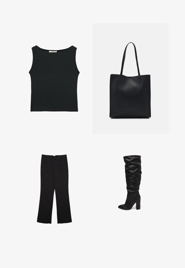 Czarny bezrękawnik wykonany z gładkiego materiału, z okrągłym dekoltem i dopasowanym fasonem, bez widocznych wzorów czy ozdób.; Czarne spodnie o prostym kroju, z przednimi kieszeniami i bocznymi rozcięciami na dole. Wykonane z miękkiego, gładkiego materiału. Odpowiednie na różne okazje.; Czarne kozaki do kolan wykonane z teksturowanej skóry, o luźnym kroju i spiczastym nosku, z szerokim obcasem.; Czarna skórzana torba tote o gładkiej fakturze, prostokątnym kształcie i dwóch długich uchwytach. Brak widocznych elementów metalowych i ozdób.
