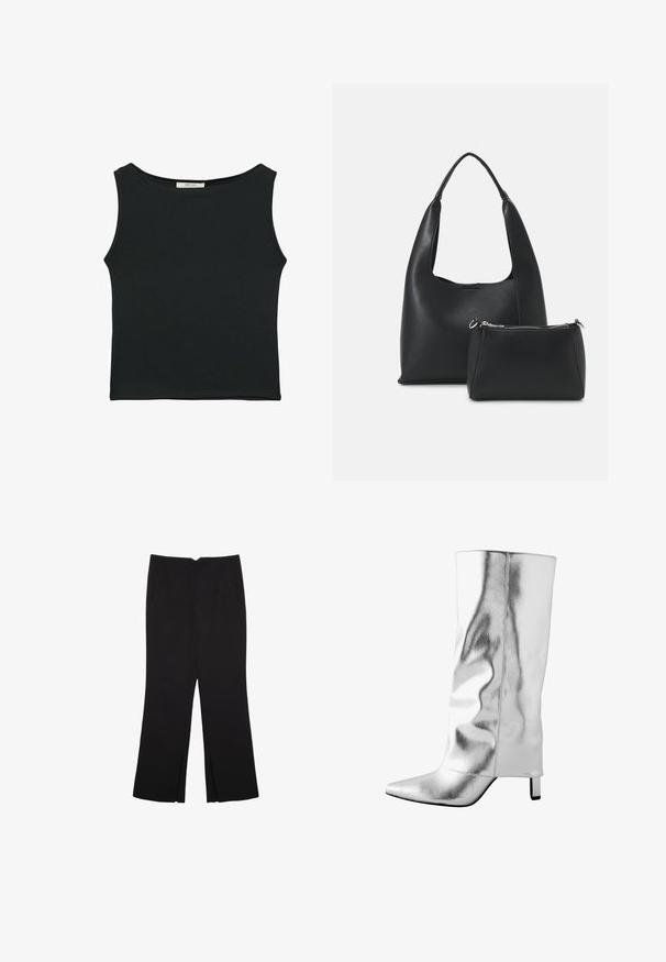 Čierny bezrukávový top vyrobený z hladkej tkaniny, s okrúhlym výstrihom a priliehavým strihom bez viditeľných vzorov alebo ozdôb.; Čierne nohavice so strihom rovného strihu, s prednými vreckami a bočnými rozparkami na leme. Vyrobené z mäkkej, hladkej tkaniny. Vhodné na rôzne príležitosti.; Strieborná kožená čižma po kolená s špicatou špičkou, hladkou textúrou a elegantným dizajnom. Obsahuje malý blokový opätok a prešívané detaily.; Even&Odd Kabelka - black